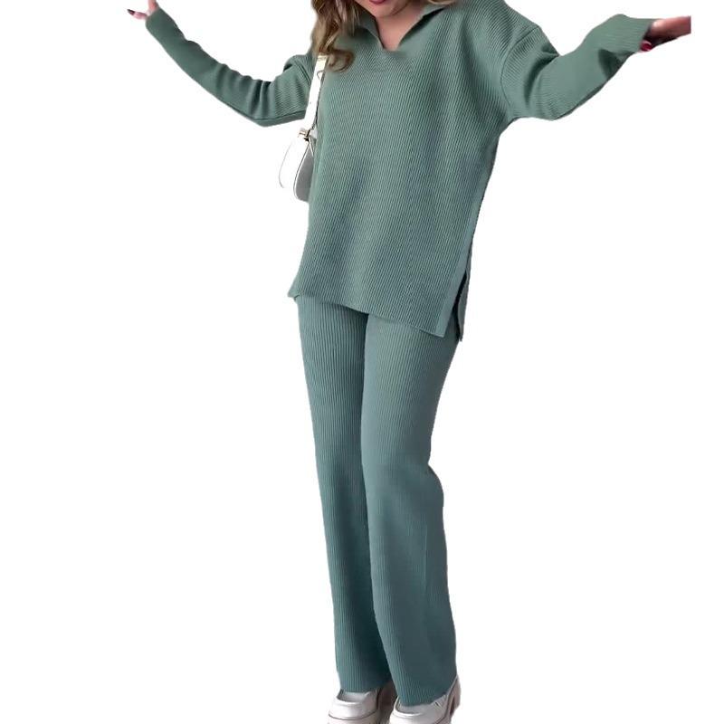 2023 Autumn/Winter European & American Solid Color POLO Collar Casual Slit Sweater Set