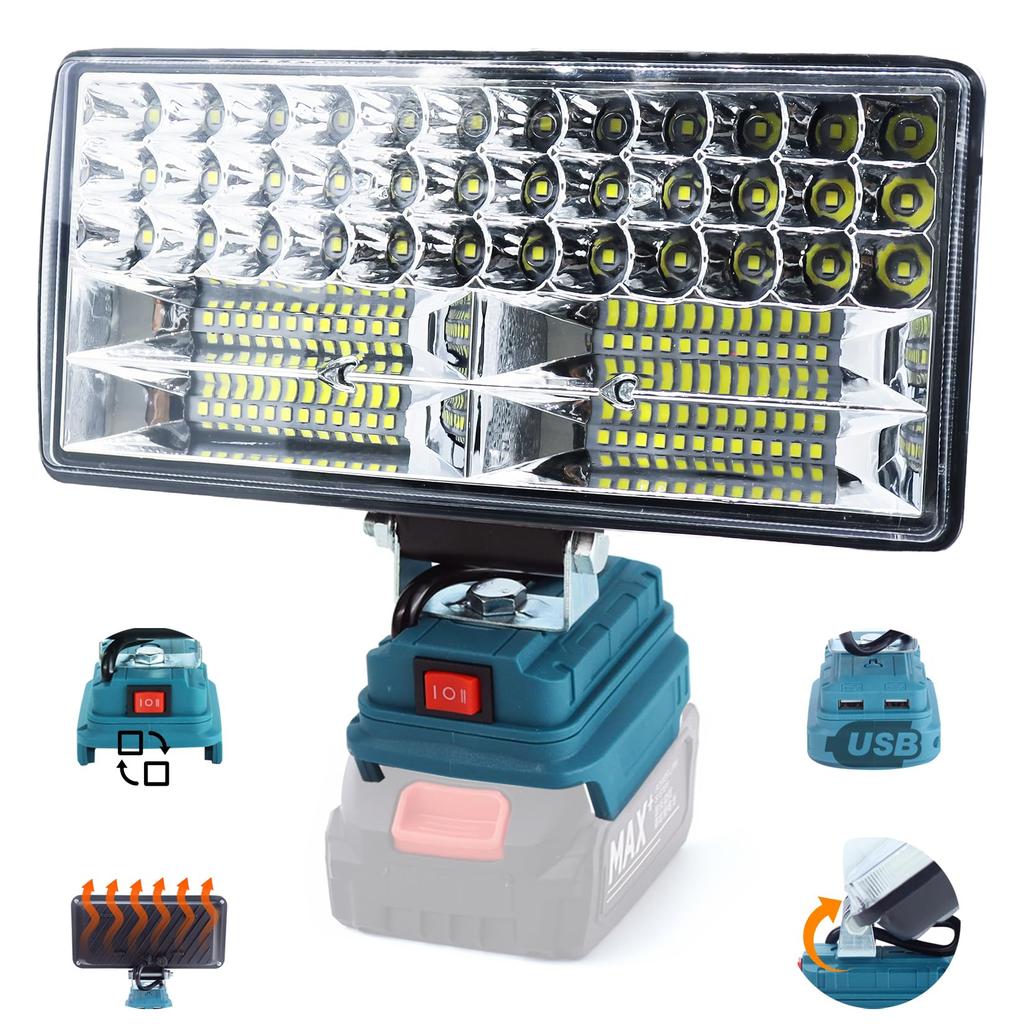 ZACPKUCO 8-inch LED Floodlight, 8000LM Ultra-Bright Cordless Work Light, Compatible with 14.4V18V Power Supplies, Dual Output Charging Ports, IP66