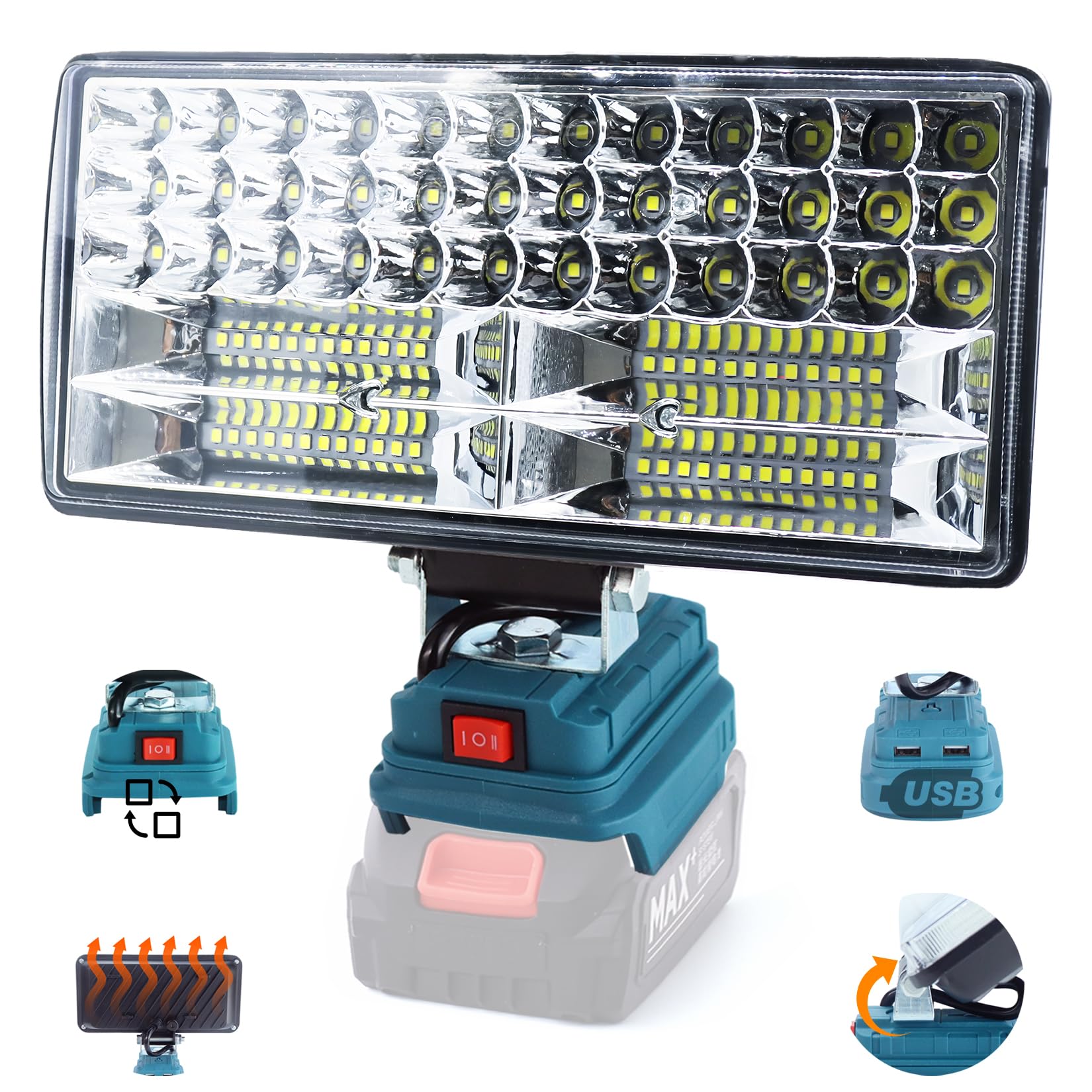 

Светодиодный прожектор ZACPKUCO 8 дюймов, 8000 лм Сверхъяркий беспроводной рабочий свет, Совместим с источниками питания 14,4 В/18 В, Двойные выходные порты для зарядки, IP66