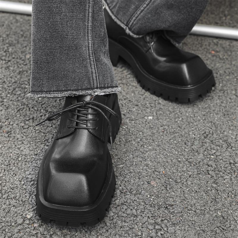 Crossed head niche leather shoes men's Paris platform heightening versatile British Derby hairstylist square head tide shoes 58866-J