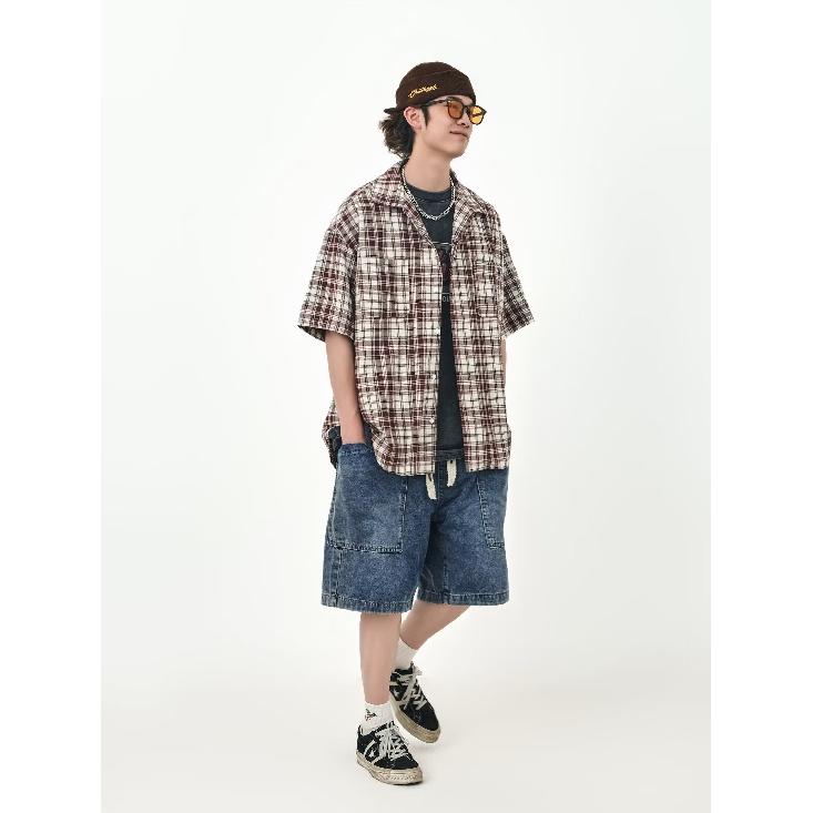 Retro Rutig Skjorta Herr Kortärmad Trendig Casual Mångsidig Skjorta Hong Kong Stil Vår Och Höst Hooligan Stil Stilren Tumsjacka