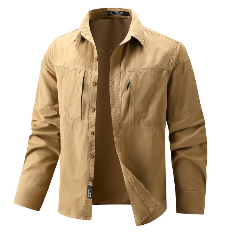 Double Zipper Large Pocket Autumn New Men's Work Clothes Long Sleeve Shirt Large Size Pure Cotton Middle-aged and Young Shirt Thin