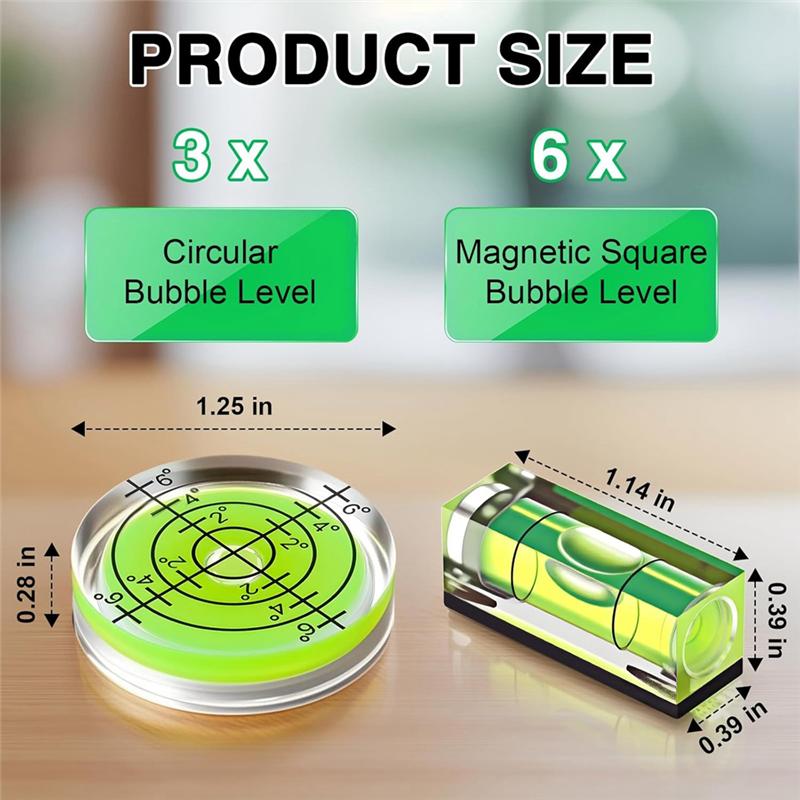 A03F-Circular Spirit Level, 9 Pcs Small Bubble Mini Magnetic Square Drill Measuring Tool