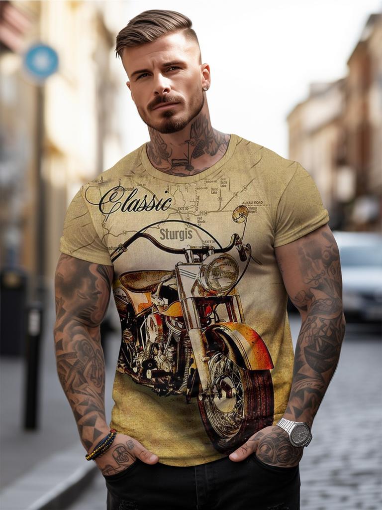 Men's Vintage Motorcycle Pattern-shirt-Casual Fashion Short Sleeve, Breathable Polyester Fiber, Washable, Round Neck-shirt, Classic Bike Printing,
