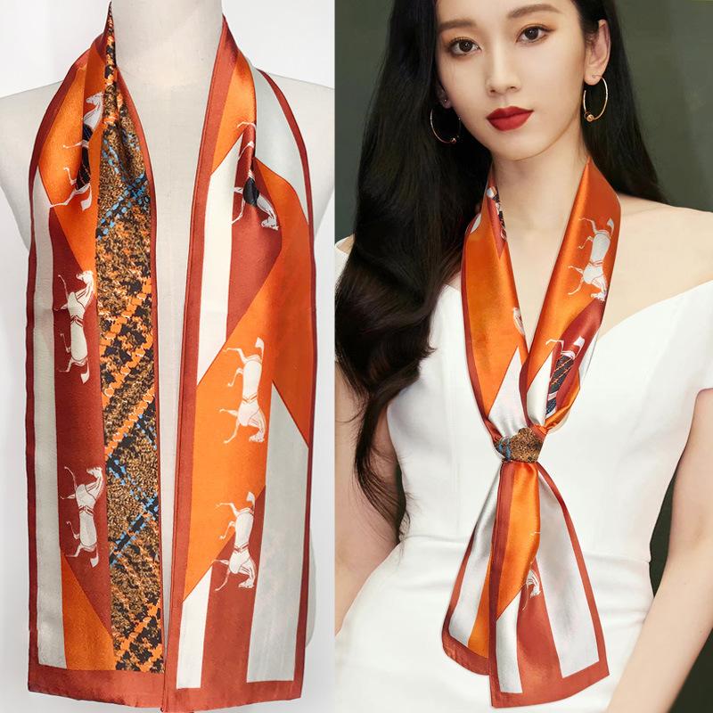 Long small silk scarf spring and summer new with shirt streamer multi-functional belt hair tie high-end printed scarf