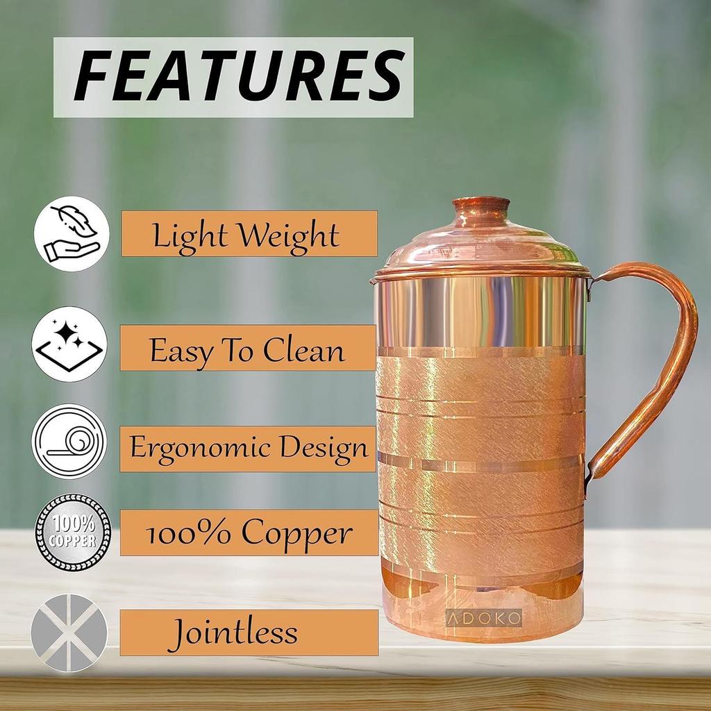 Pure Copper Water Jug 2 Litre with 1 Copper Glass (300ml) | Ayurvedic Copper Pitcher Set for Drinking & Storage for Health & Wellness