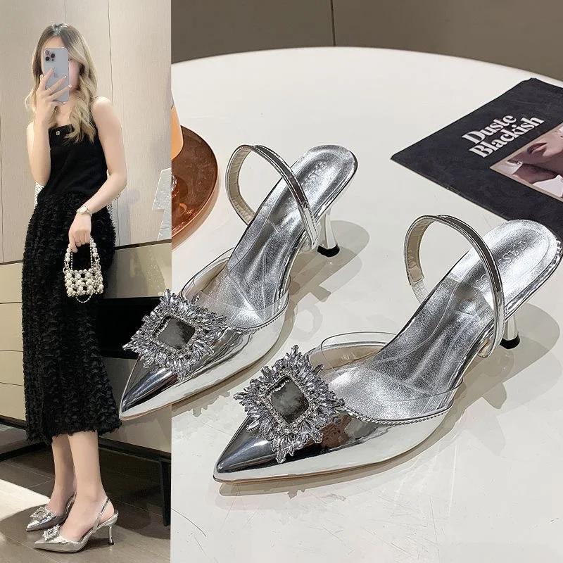 Brand Designer Silver High Heels Sandals Women 2025 Summer Crystal Square Buckle Sandals Woman Pointed Toe Slingbacks Party Shoe