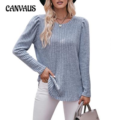 Autumn and Winter Women's Sweater Round Neck Bubble Sleeve Worn Pit Stripe Solid Color Long Sleeve Top