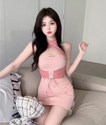 Women's Korean Version Neck Hanging Dress Strapless Slim Fitting Sexy Backless Sleeveless Mini Dress