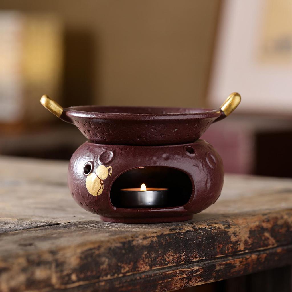 Purple Glaze Fu Lu Round Tea Stove + Triangle Golden Ear Baking Pan Ceramic Stir-Frying Tea Maker Set