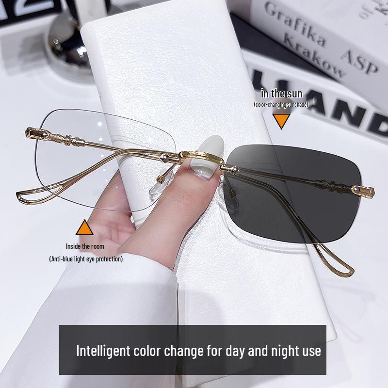 Korean Rimless Matte Lens Photochromic Anti-Blue Light Fashion Reading Glasses