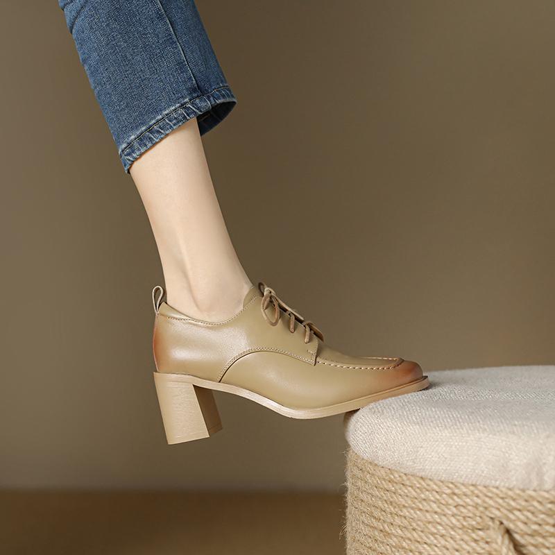 Fashion Mature Dress Women Pumps Fashion Office Ladies Thick Heels Square Toe Genuine Leather Lace-Up Shoes Woman 2025 New Spring Autumn