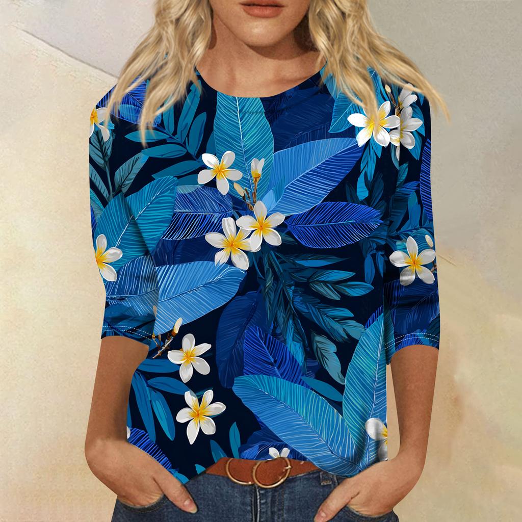 Women's Fashionable Casual Round Neck Three-quarter Sleeve Hawaiian Print T-shirt Top