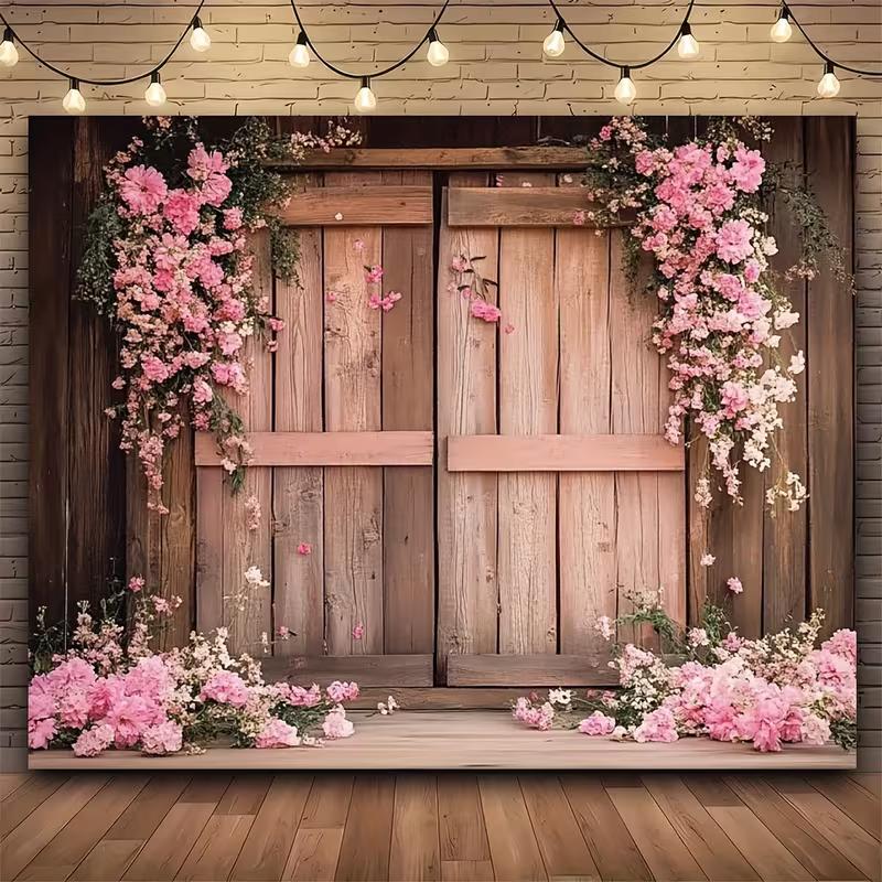 Rustic Pink Floral Barn Door Tapestry, Wedding Background Cloth, Party Backdrop