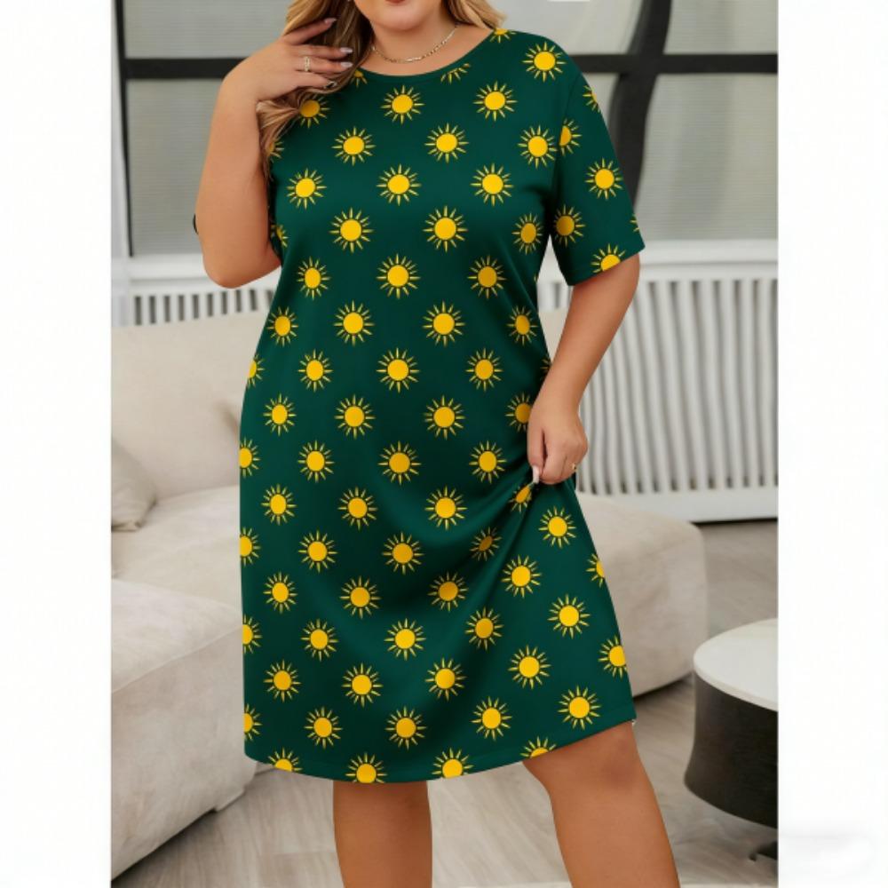 Europe and America Summer Fashion Print Women Short Sleeve Sleepwear Dresses Loose Fit Tee Nightwear Home Clothes Nightie Loungewear