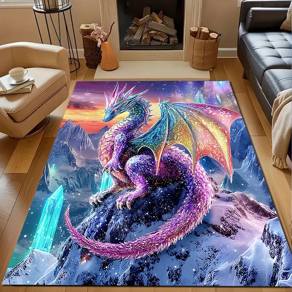 Rainbow Crystal Dragon in Snowy Peaks Patterned carpet, non slip mat suitable for living room and bedroom sofas