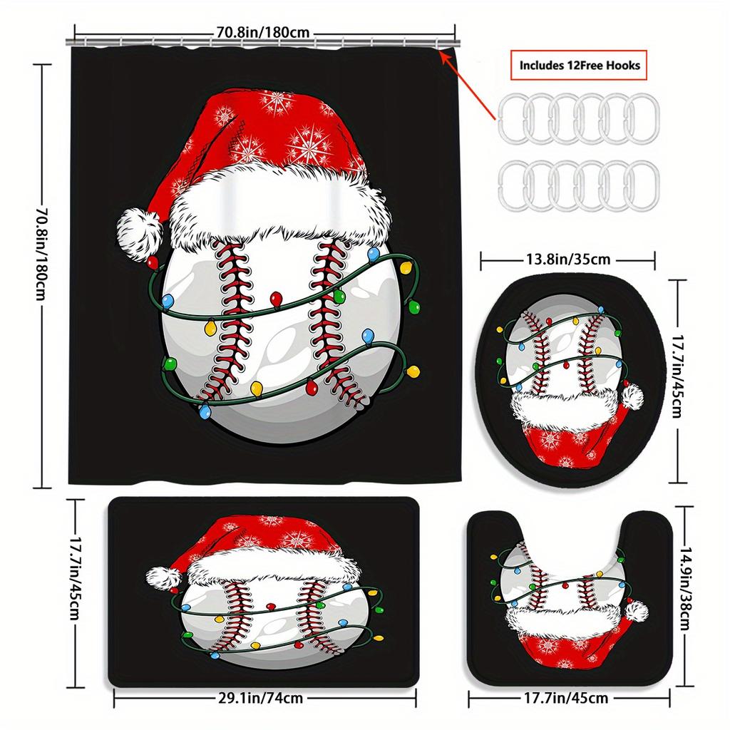 Baseball-Themed Christmas Shower Curtain Set With 12 Hooks - Polyester, Non-Slip Bath Mat, U-Shaped Toilet Mat & Lid Cover