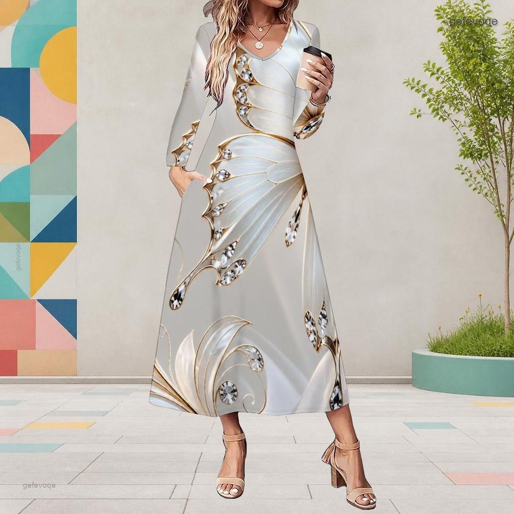 Women Plus Size Round Neck Long Sleeve Black Butterfly Printed Midi Dress With Pockets