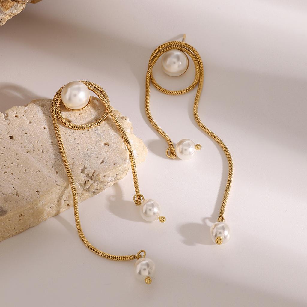 Yori Exquisite Pearl Smooth Stainless Steel Snake Chain Tassel Stud Earrings Gold Color Charm Basic Fashion Jewelry New