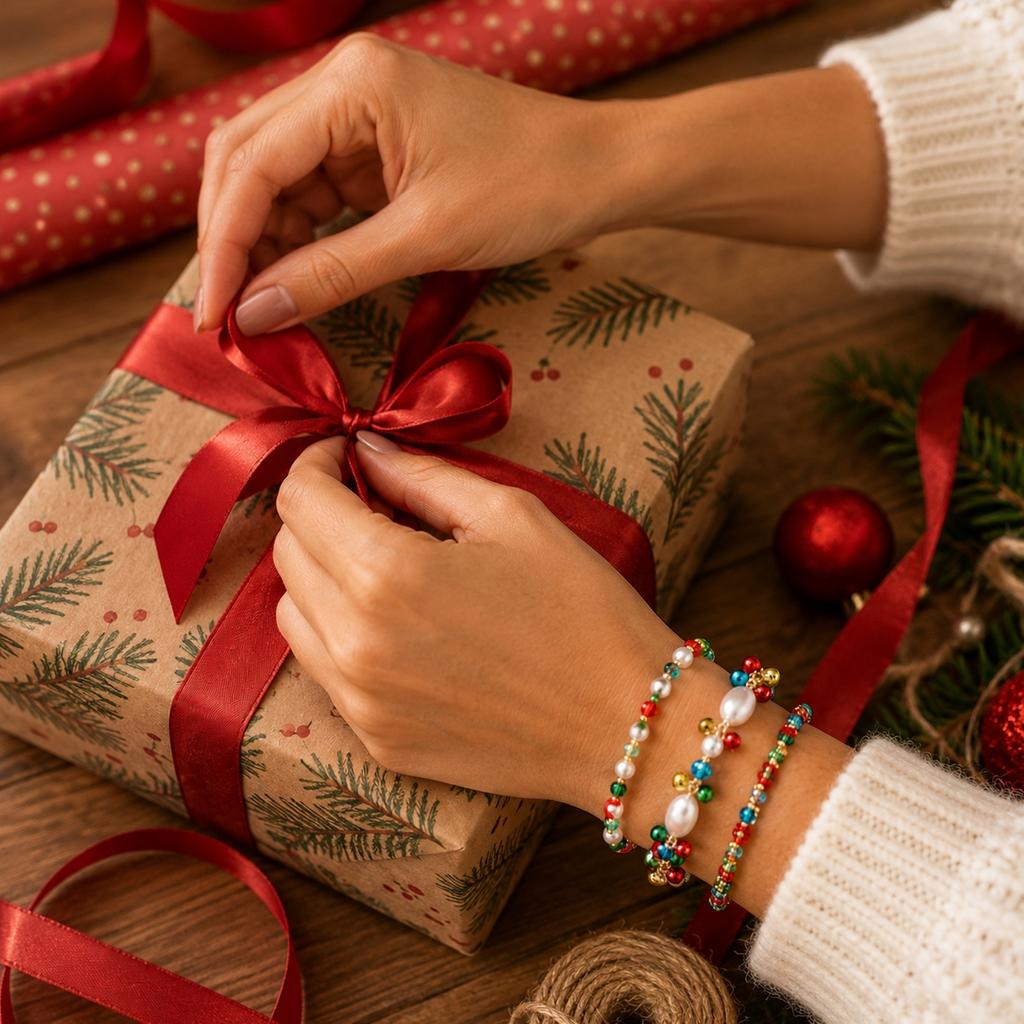 Christmas Beaded Bracelet Set for Women - Festive Jewelry for Holiday Party and Gift Giving