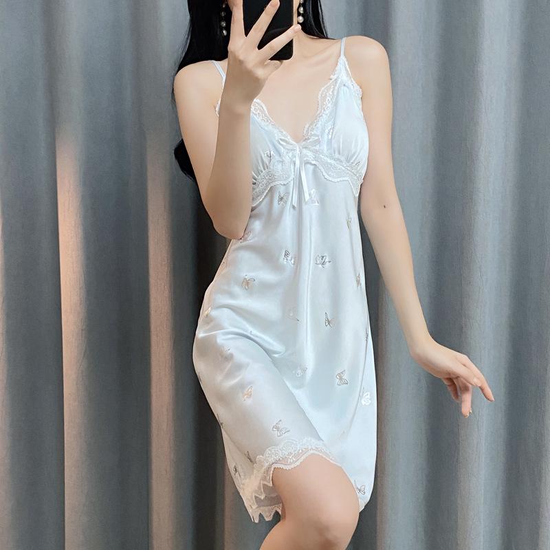 Women's Ice Silk Pajamas: Sexy Lace-Trim Nightgown with Silver Butterfly Robe & Chest Pads