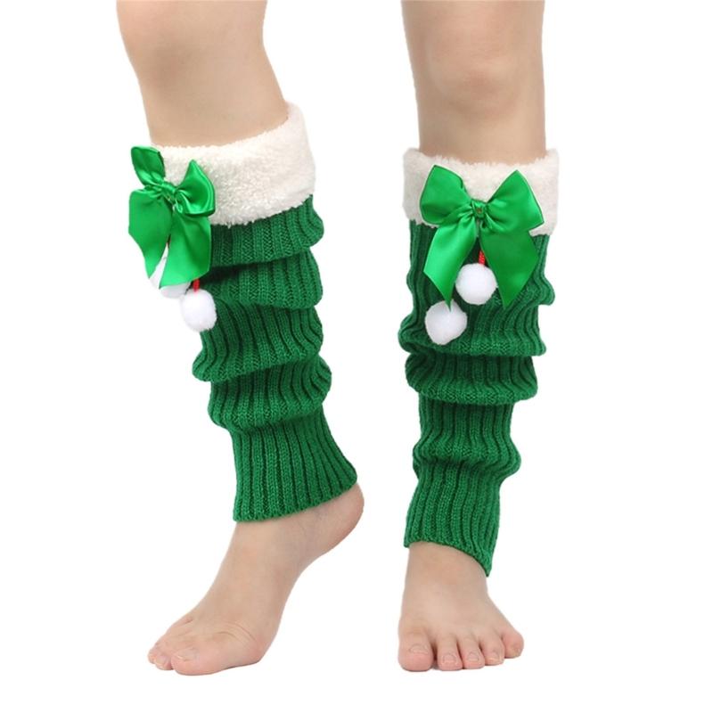 Christmas Fleece Trim Warm Leg Warmers Sweet Plush Balls Bows Knitted Boot Covers Festival Footless Socks for Women