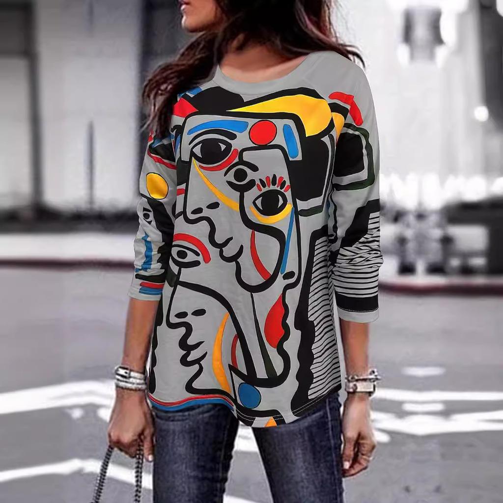 Spring and Autumn Round Neck 3D Abstract Art Printed Top Fashionable Casual Long Sleeved Women's T-shirts