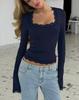T-shirt da Donna 2025 Stile Europeo & Americano con Bordi in Pizzo, Manica Lunga, Autunnale, Snellente, alla Moda