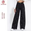 Design Pearl Pants Black Burrs Tassel Wide-leg Jeans