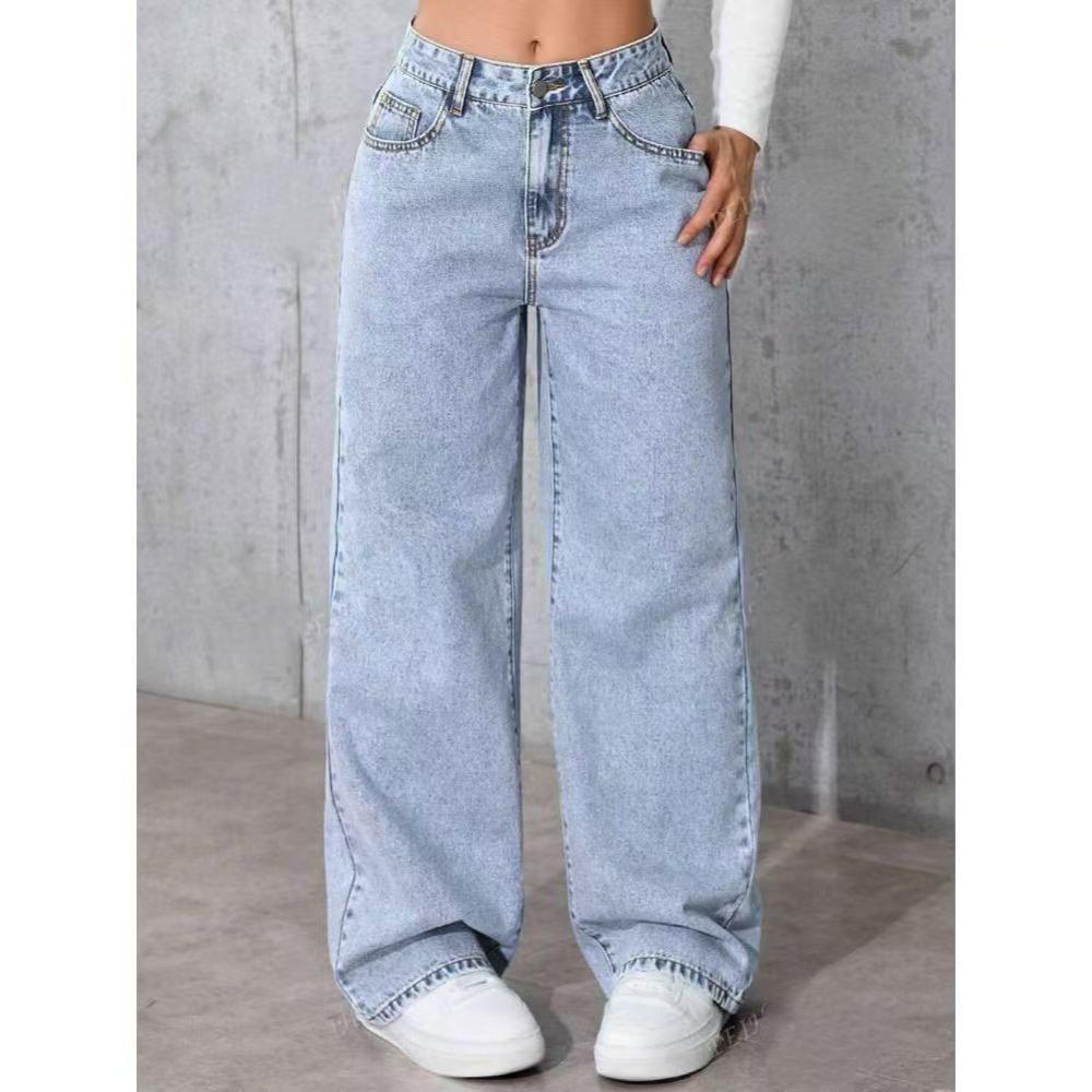 Damen Jeans mit hoher Taille und geradem Bein, Lockere Wide Leg Jeans aus Denim, Säuregewaschen Hellblau Dehnbare Jeans mit Taschen, Lässige Büro-Arbeitshosen