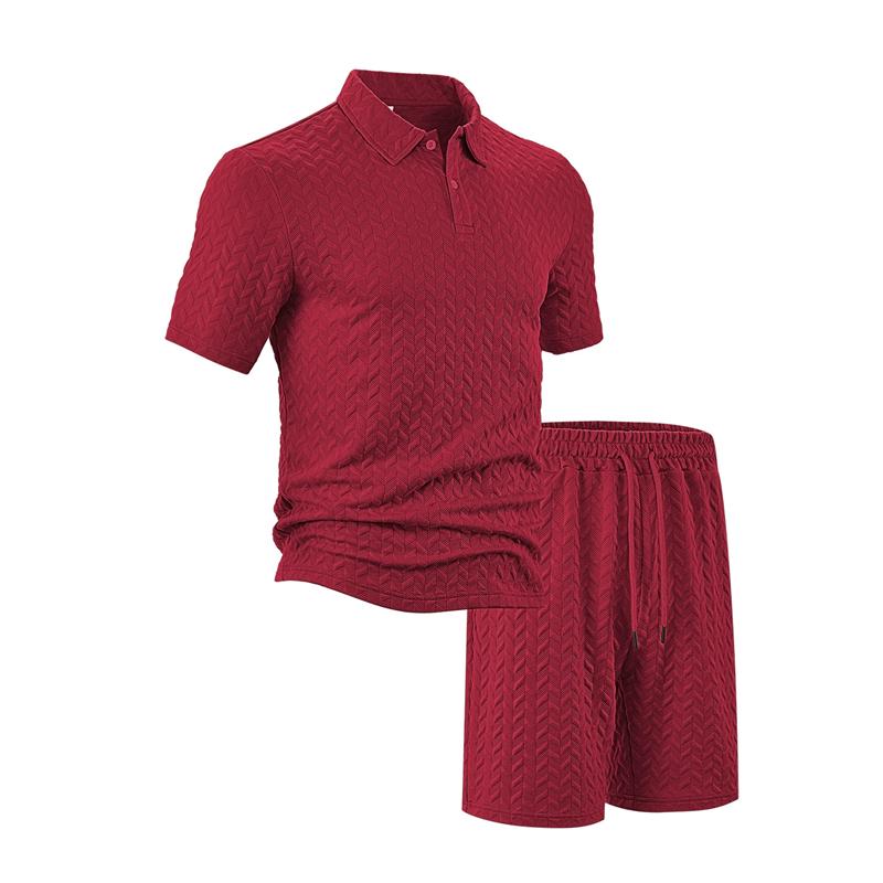 Summer New Men's Polo Shirt Set Casual Sporty Cool Fashionable Slim Fit Solid Color Short Sleeved Jacquard Shorts Set Men's