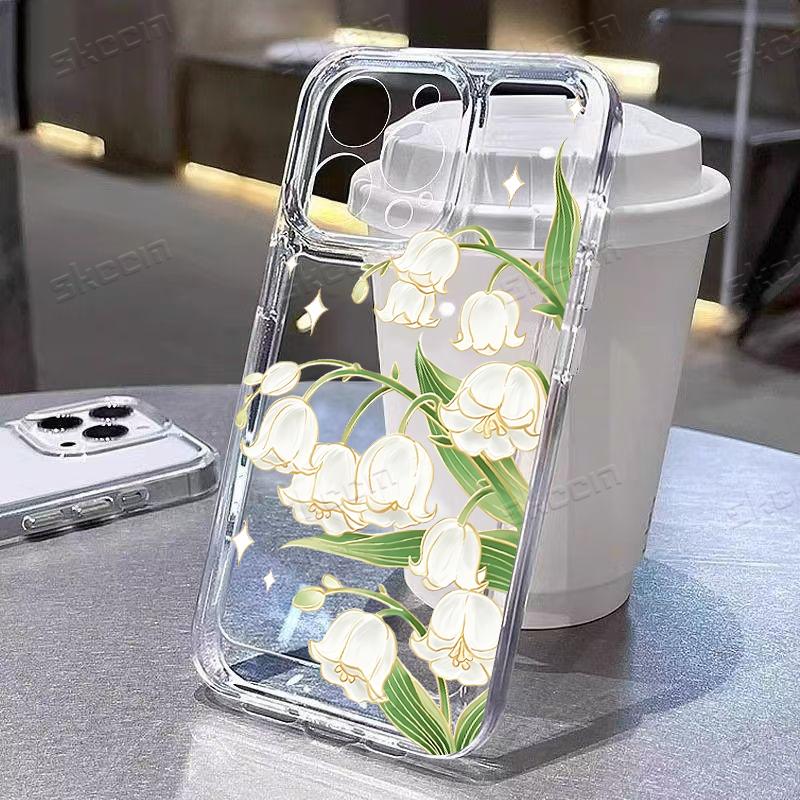 Delicate White Floral Green Leaves Phone Case for iPhone 17 16 15 14 13 12 11 16E Series Pro Max Plus Double Layer Protection