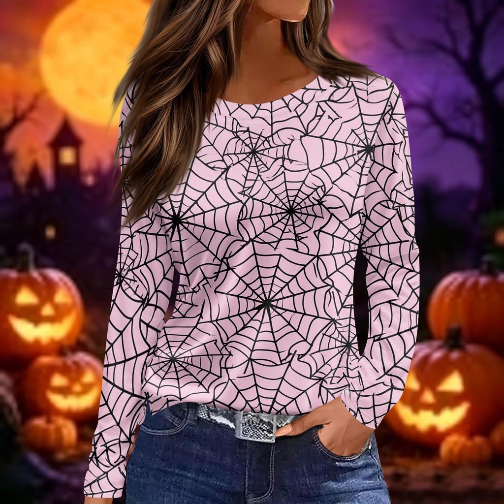 Women's Halloween Print Long Sleeve Round Neck Top with Split Hem