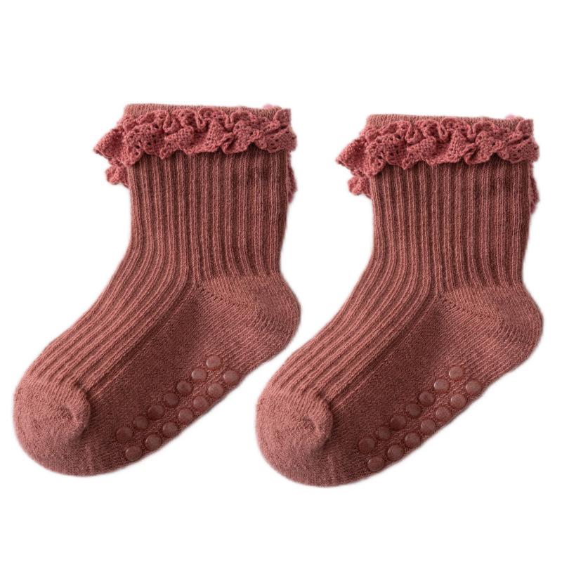 

Милые кружевные носки для девочки, нескользящие, однотонные, хлопковые, для малышей и младенцев, дышащие, детские носки для пола для девочки L 3-5T