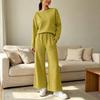 Women's Casual Long Sleeve Two-Piece Set - Round Neck Top with Elastic Drawstring Waist Wide Leg Pants and Pockets