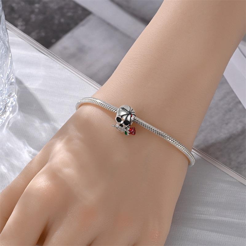 Stunning 925 Silver Ghost Rose Beads & Spider Silk Skull Dangle Charm Fits Bracelet Halloween Pendant Accessories Gifts