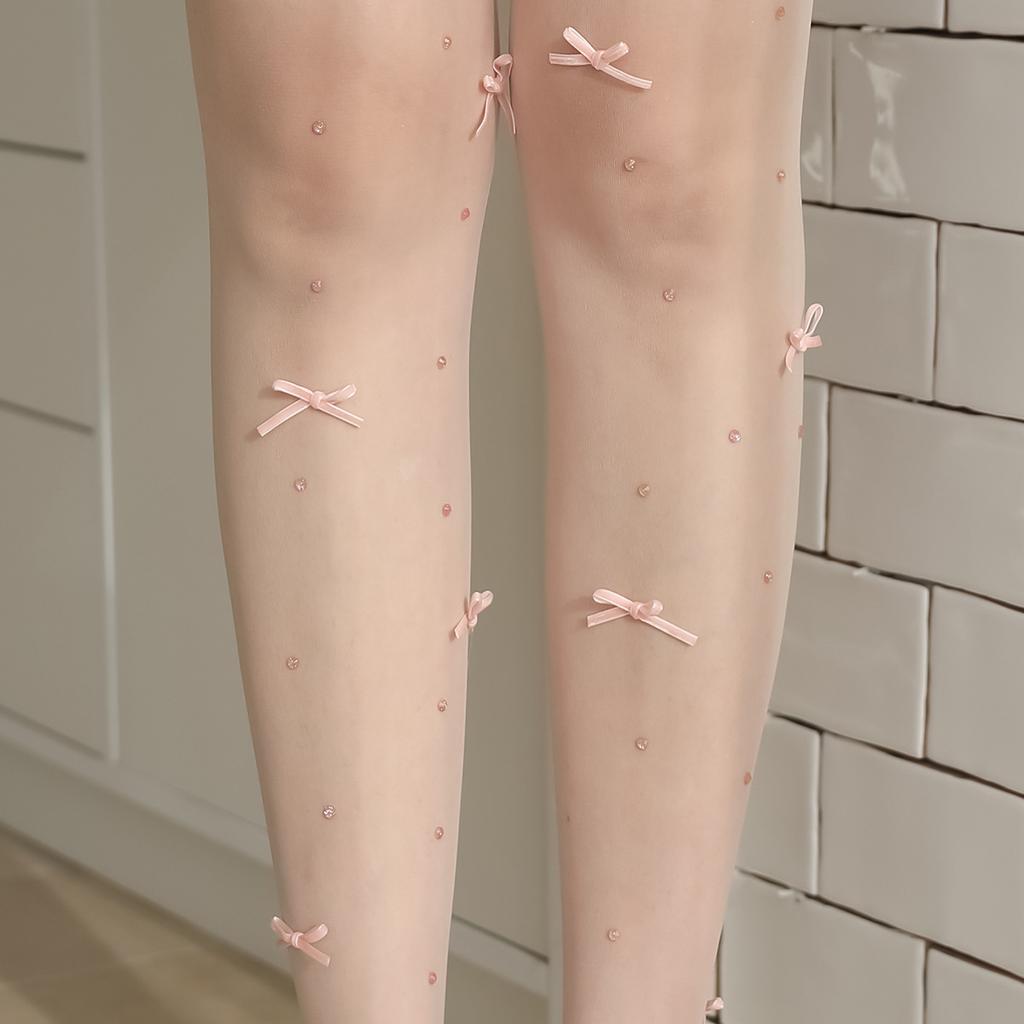 New Arrival Multi-Color Girl Style 3D Fleece Bowknot Thin Breathable Stockings Handmade Diamond-Inlaid All-Match High-Elastic