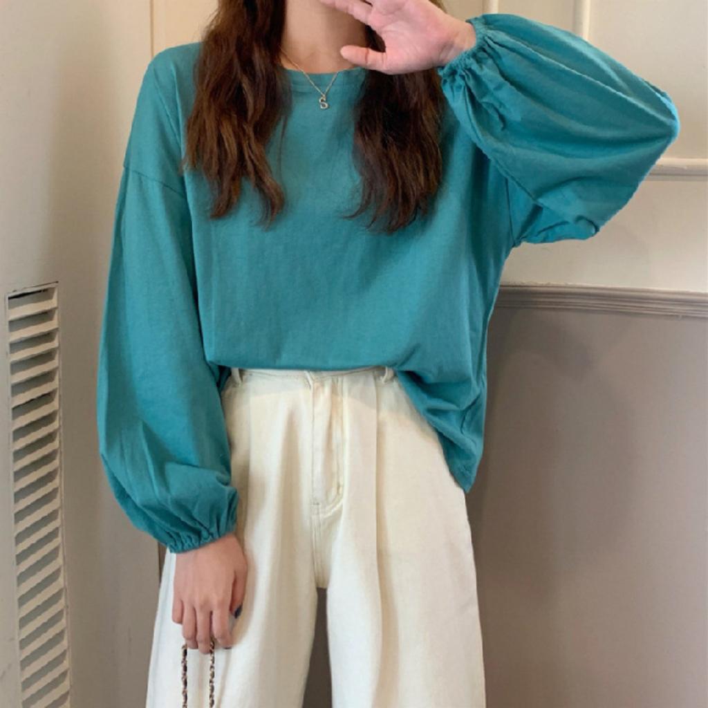 Women's Crew Neck Long Sleeve Tunic Top Loose Fit Solid Color Casual Lantern Sleeve Tops