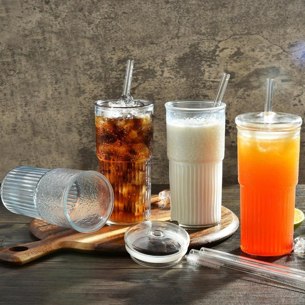 Stripe Glass Cup with Lids and Straws High Borosilicate Tumblers Transparent Drinking Glasses for Iced Coffee Cup Tea Water Cups