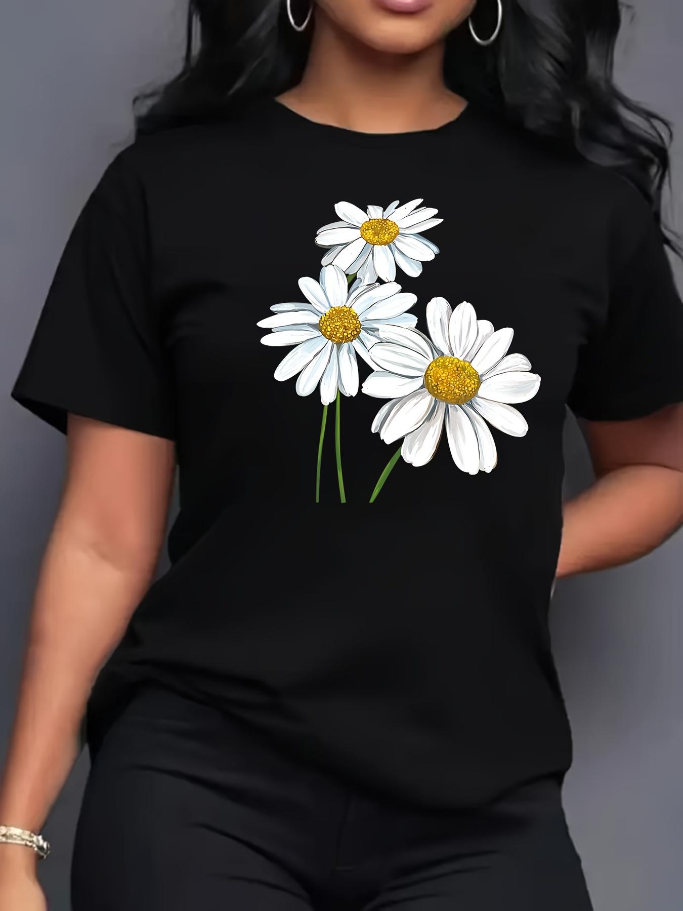 Three Daisy Pattern Print Comfortable Women s Short Sleeve T-Shirt, Sport Print Women s T-Shirt, Pattern T-Shirt, Women s Top S