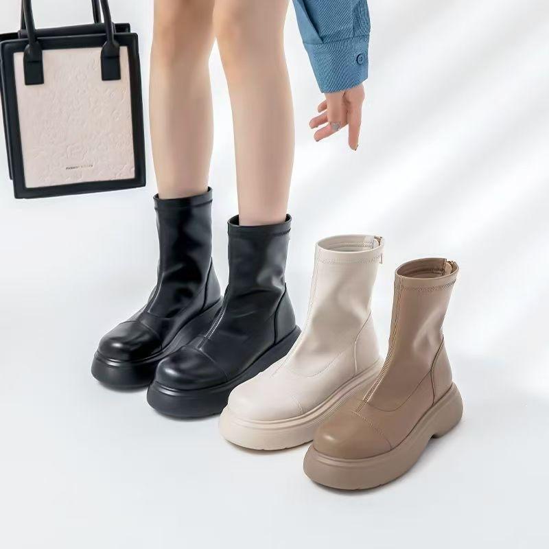 Comfortable Small Fragrant Style Solid Color Round Head Women's Boots Popular European and American Elegant Retro British Style Martin Boots