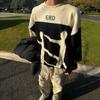 Mens Streetwear Oversized Crewneck Knit Sweater With Embroidered Graphic Cotton Blend Casual Wear