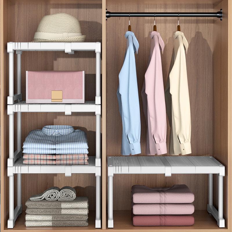Adjustable Closet Storage No-Punch Storage Shelf Space Saving Wardrobe Decorative Shelf Cabinet Holder for Bathroom Kitchen Shoes Rack Sundry Storage