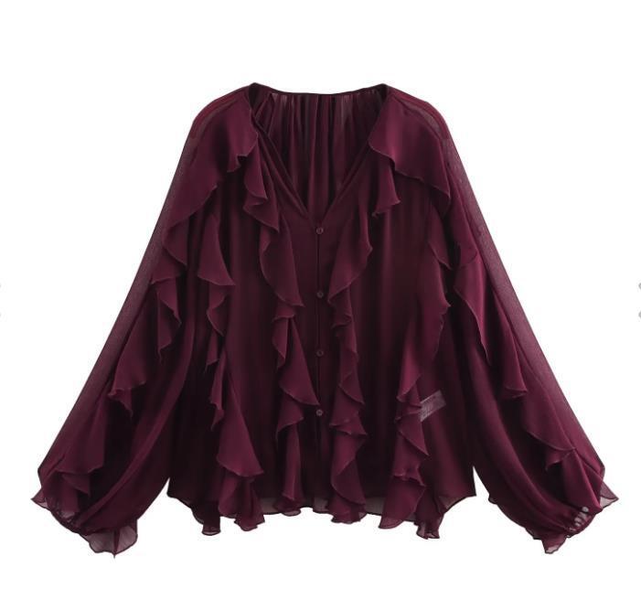 Camisa Casual con Volantes para Mujer Tops Holgados con Cordones y Aberturas en V Blusas de Primavera Ropa para Mujer
