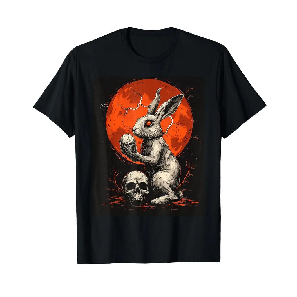 Rabbit Skull Moon Men's Gothic Women's T Shirt vintage Washed graphic Slightly Versatile design