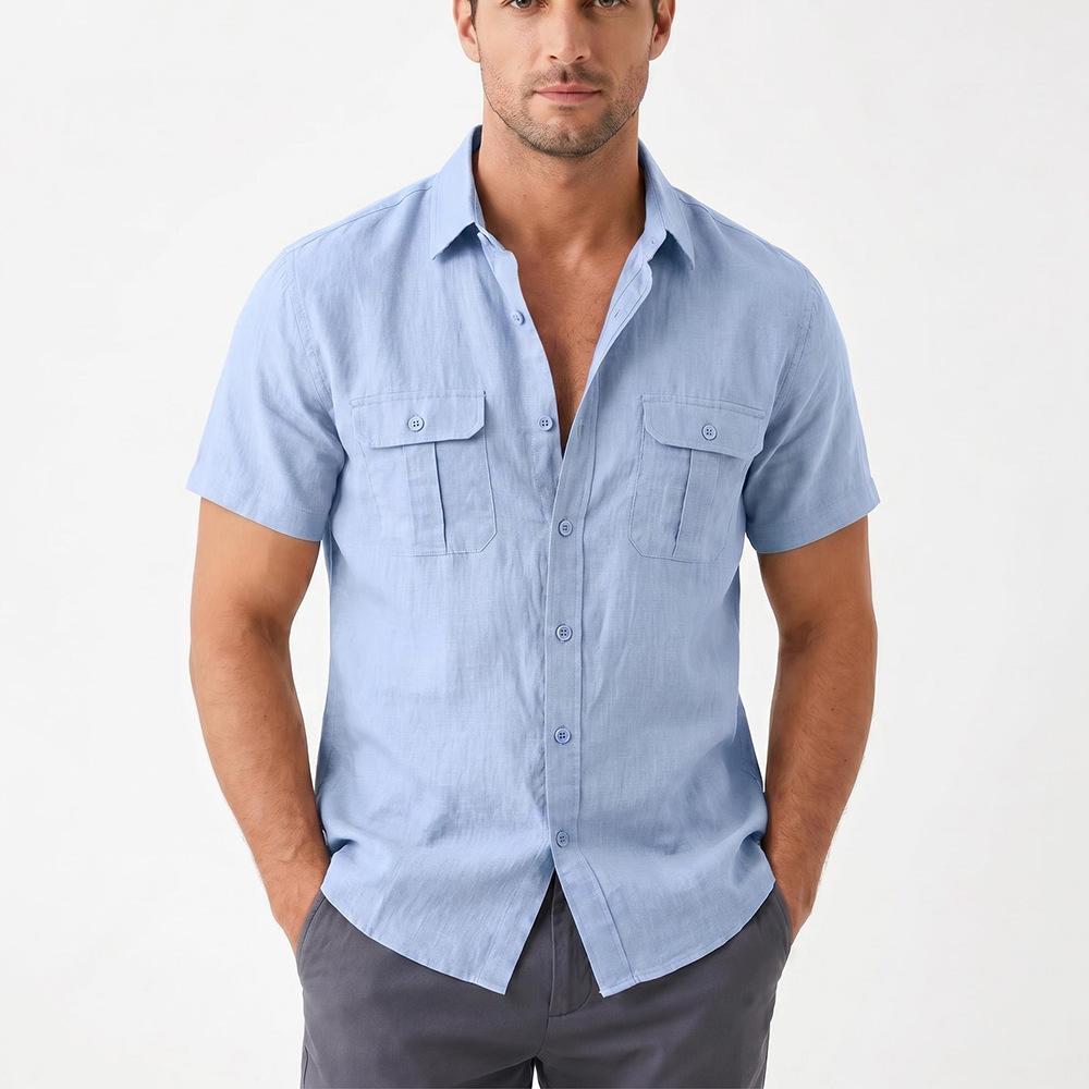 Herren Arbeitshemd mit mehreren Taschen, Leinen-Kurzarmhemd, Business Casual Hemd für Herren XXL himmelblaue