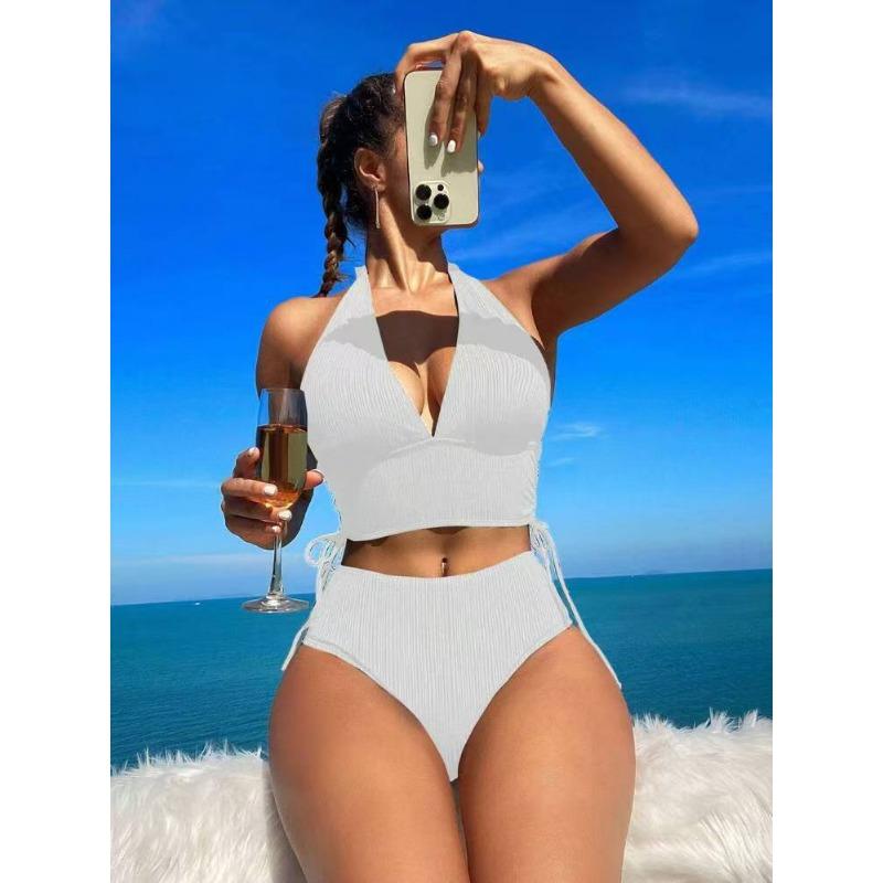New European and American Swimsuit Special Fabric Solid Color Neck Women's Split Bikini Swimsuit