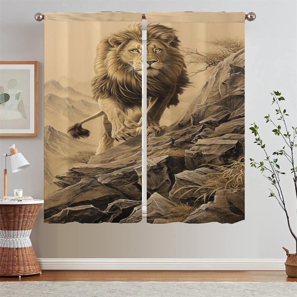 

Мужской лев Кухонные шторы для дверей Короткие оконные шторы для гостиной Современное украшение дома Подхваты для штор в ванной W60xH90cmx2pcs-CL