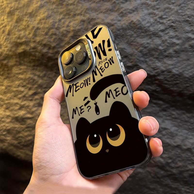 Cartoon Black Cat Eating Fish Electroplate Silver Case For  Redmi Note 14 13 12 11 10 Pro Plus 5G 12S Redmi 14C 13 Cover