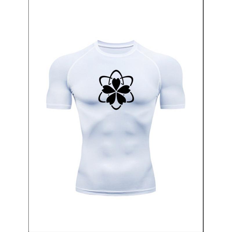 Men'S Cherry Blossom Print Compression T-Shirt, Quick Dry Short Sleeve Gym Workout Tee, Japanese Style Athletic Fitness Training Top